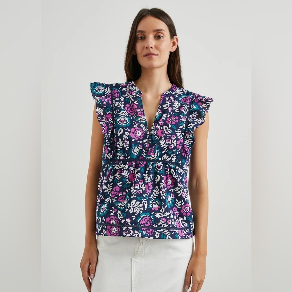Rails Misha Woodblock Floral Flutter Sleeve Top